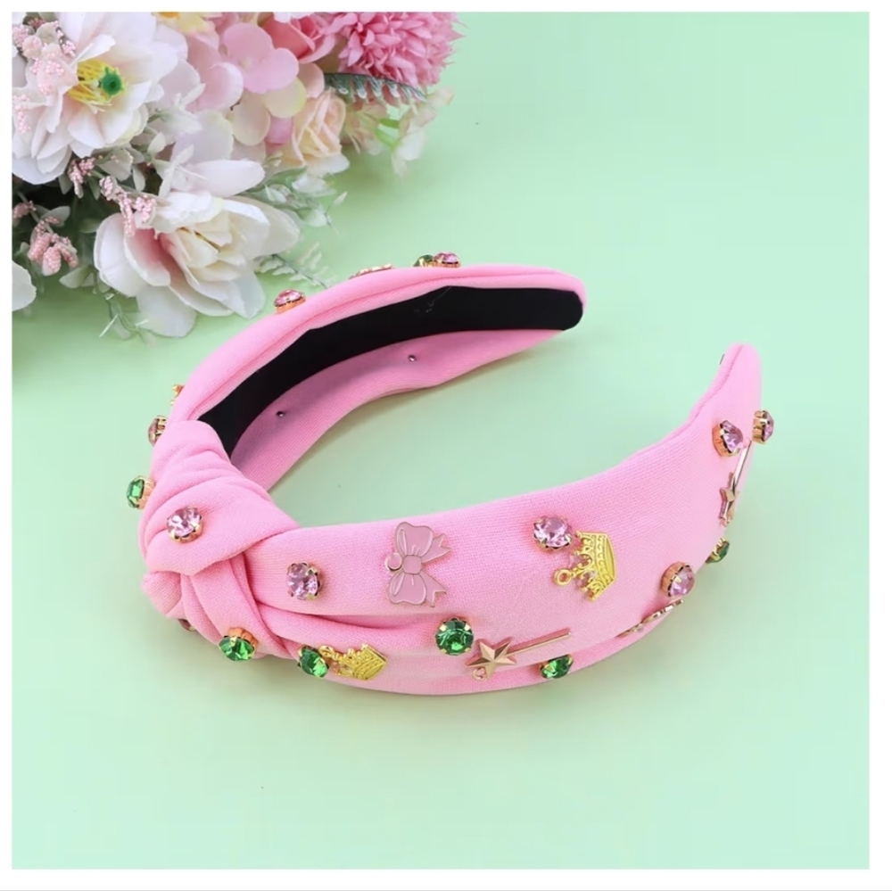 Pink Knotted Rhinestone Headband with Gold Charm Accents - Picture 6 of 6